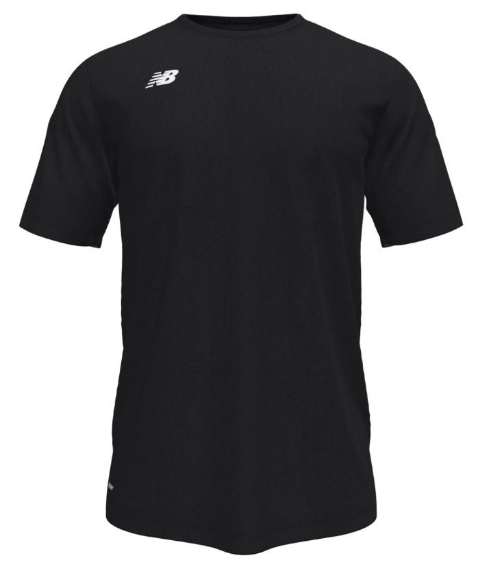 A black short-sleeve crew neck t-shirt with a white New Balance logo on the left chest.