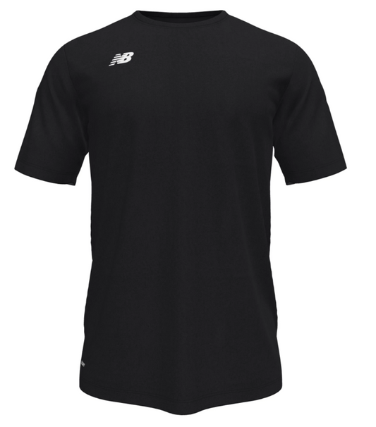 A black short-sleeve crew neck t-shirt with a white New Balance logo on the left chest.