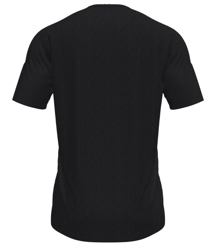 Back view of a black short-sleeved athletic t-shirt with a textured mesh body and smooth sleeves.