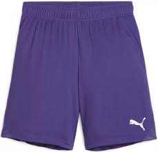 A pair of purple Puma athletic shorts with an elastic waistband and a white logo on the lower right leg.