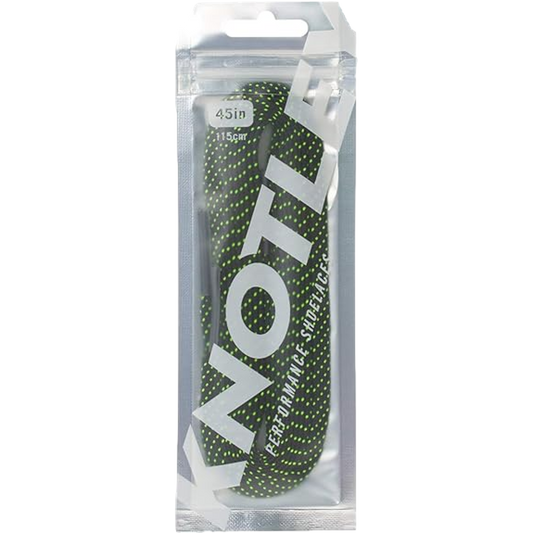 A package of Knotley 45 Inch Speed Laces featuring a black and neon green speckled pattern, shown in a clear resealable pouch with the brand name vertically printed in white.