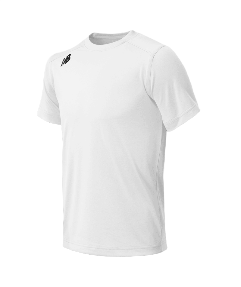 A white short-sleeved New Balance athletic t-shirt with a black logo on the chest, set against a black background.