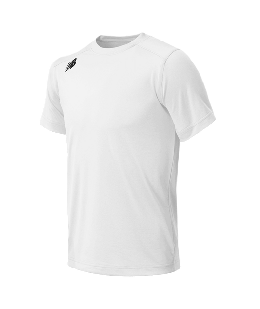 A white short-sleeved New Balance athletic t-shirt with a black logo on the chest, set against a black background.