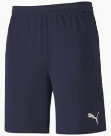 A pair of dark navy blue Puma athletic shorts with a small silver logo on the bottom left leg.