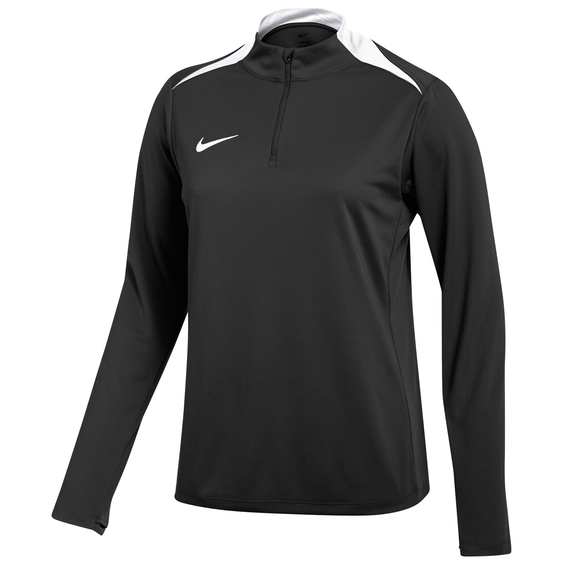 A black Nike long-sleeve quarter-zip athletic shirt with white shoulder panels and a white swoosh logo on the chest.