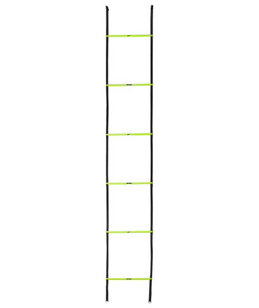 A vertical agility ladder with black side straps and six neon yellow rungs, featuring small Nike branding, shown against a solid black background.