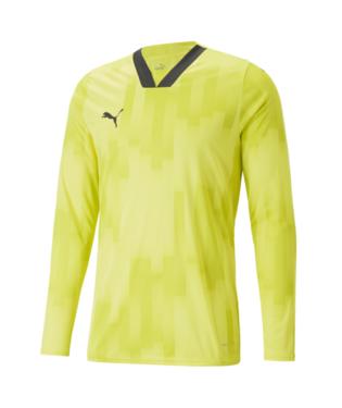 Long-sleeved Puma sports jersey in neon yellow with a subtle geometric pattern and black V-neck trim.