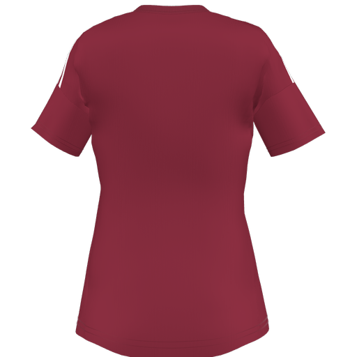 A back-facing view of a maroon short-sleeved athletic jersey with three white stripes on the shoulders and two thin lines at the hem.