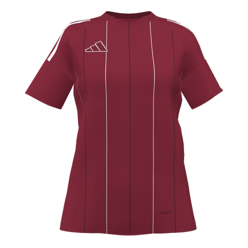 A maroon short-sleeved Adidas jersey with white shoulder stripes and alternating black and white vertical pinstripes. Features a white logo on the chest.