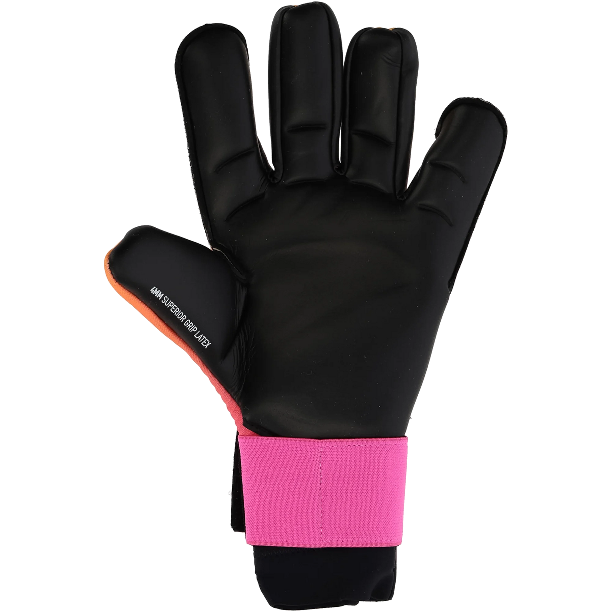 A black goalkeeper glove with a pink wrist strap and orange accents. The thumb features the text "4MM SUPERIOR GRIP LATEX".