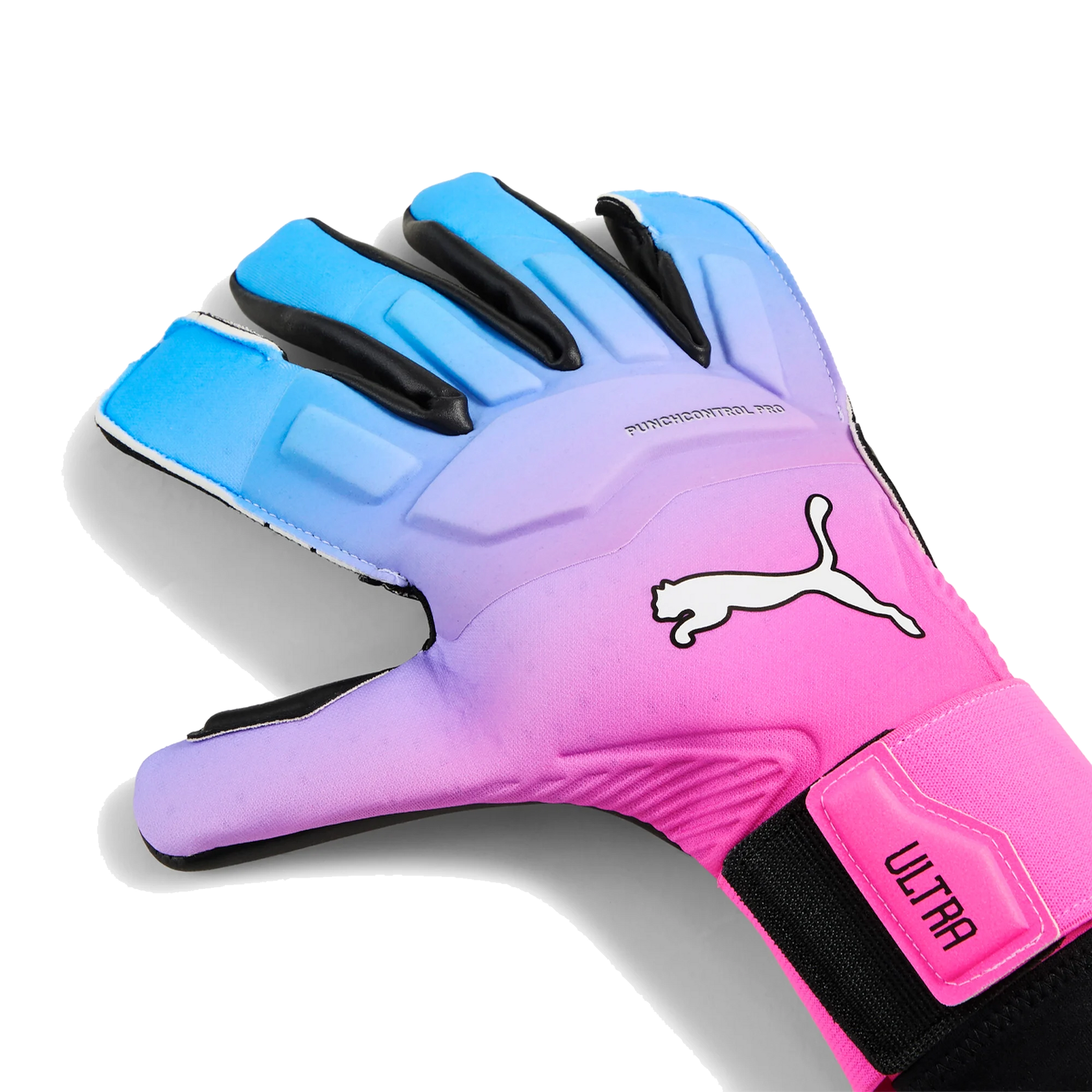 A Puma goalkeeper glove with a blue and pink gradient design, featuring a white cat logo and "ULTRA" branding on the wrist strap.