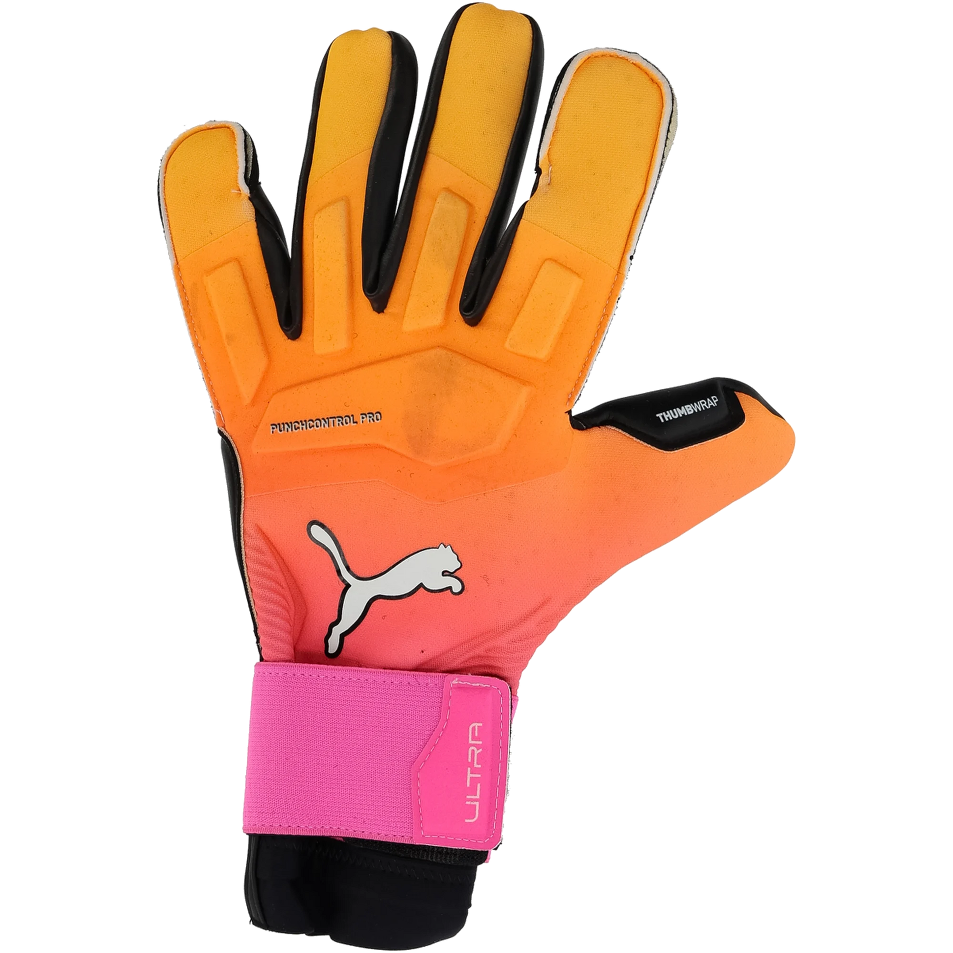 A Puma goalkeeper glove featuring an orange-to-pink gradient backhand, a pink wrist strap with "ULTRA" branding, and a white cat logo. Includes "PUNCHCONTROL PRO" and "THUMBWRAP" text.