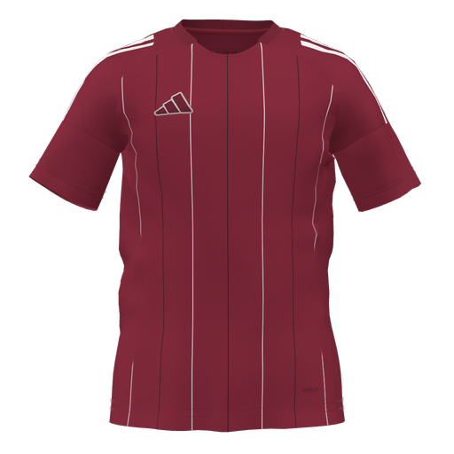 A burgundy Adidas soccer jersey with thin white and dark vertical pinstripes, an outlined chest logo, and signature three stripes on the shoulders.