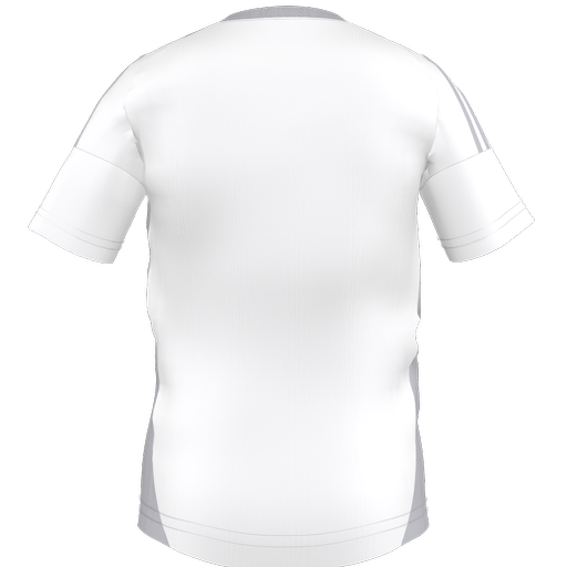 Back view of a white short-sleeved sports jersey with light grey stripes on the shoulders, grey side panels, and a grey crew neck.
