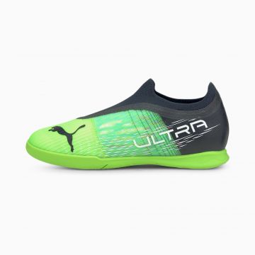 Puma Youth Ultra 3.3 Laceless Indoor Soccer Shoes - Green Glare / Elektro Aqua / Spellbound