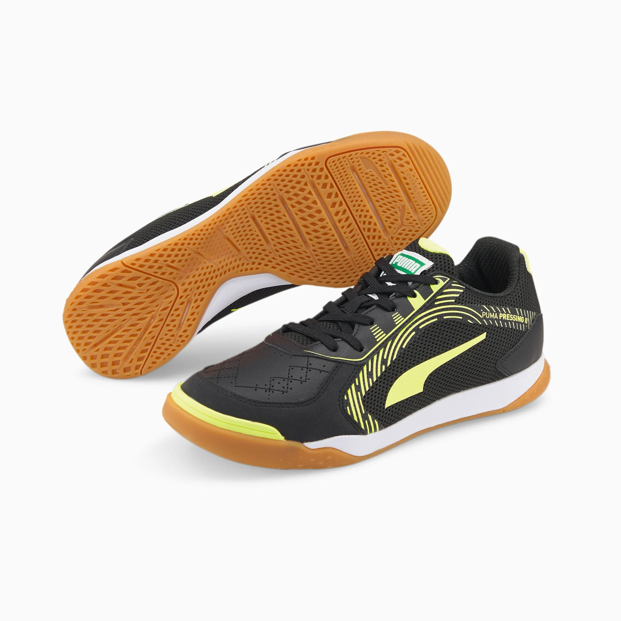 :Puma Pressing II Indoor Soccer Shoes - Puma Black /  Yellow Alert / Puma White / Gum