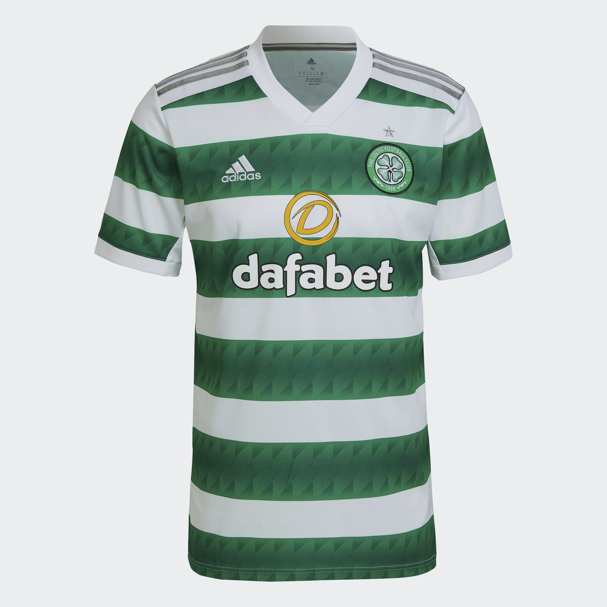 Football Republic - The Celtic Mens 2021/22 Third Shirt is a crisp, clean  white jersey with pink and green vertical pinstripes, a dark green ribbed  v-neck collar, and shoulder three-stripe design. The