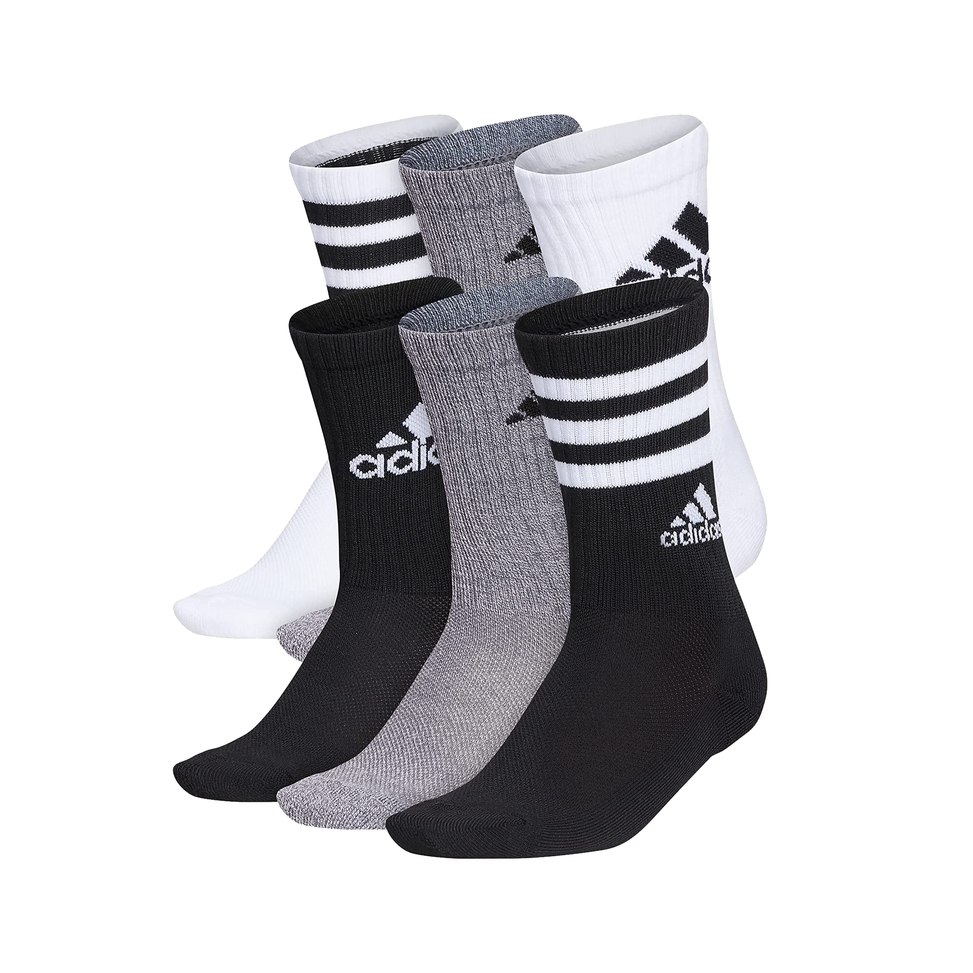 Stefans Soccer - Wisconsin - adidas adi Youth Cushioned Mixed 6-Pack Crew  Socks - White / Grey / Black