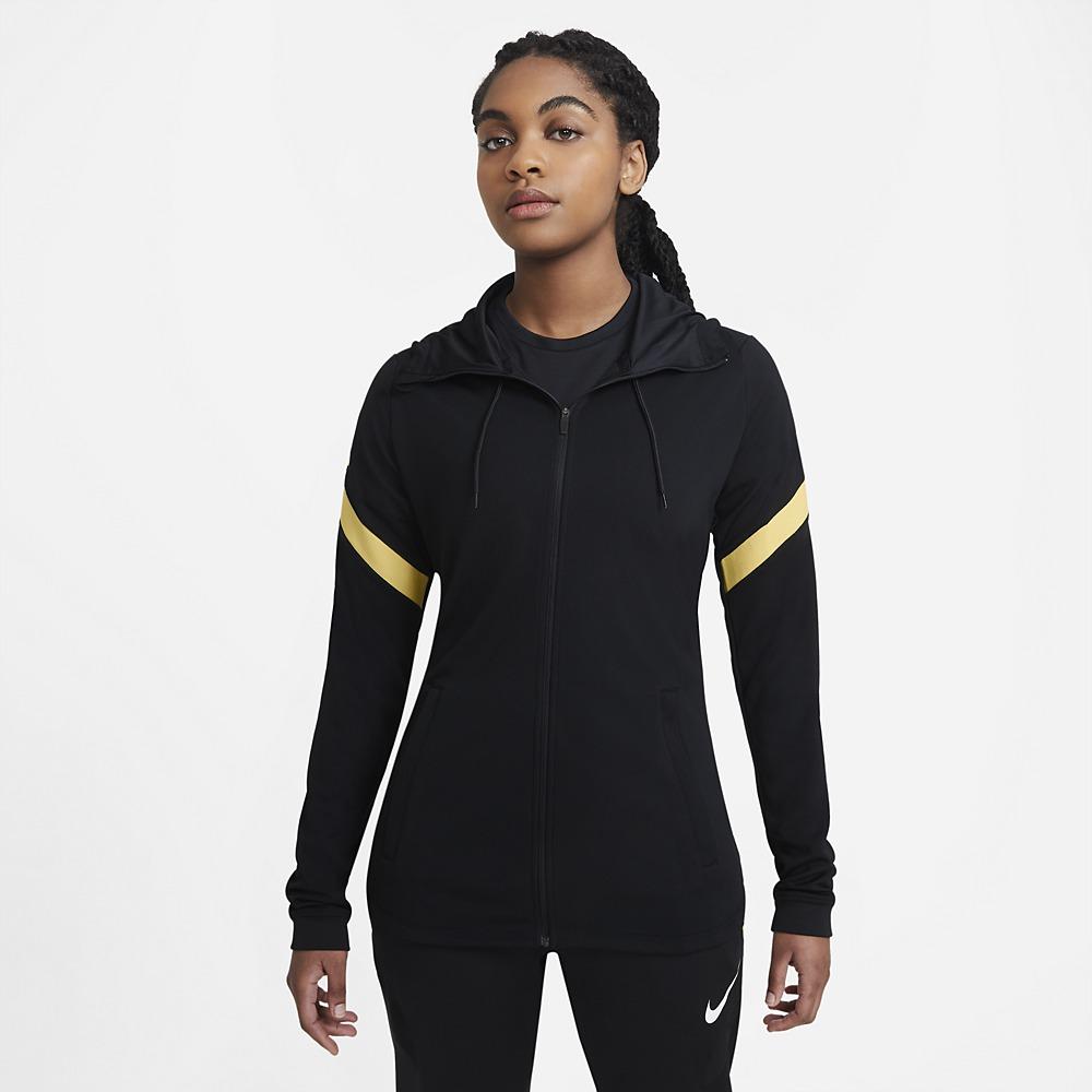 stefanssoccer.com:Nike Women's Dri-FIT Strike Zip Hooded Soccer Jacket - Black / Saturn Gold / White